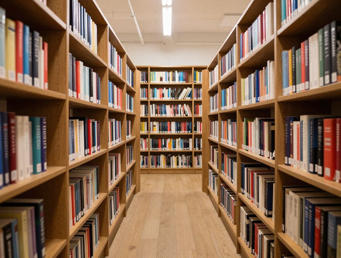 Pogled na modernu knjižnicu s visokim policama punim knjiga, studijsko svjetlo koje obasjava police, topla smeđa i zlatna paleta, mirna akademska atmosfera