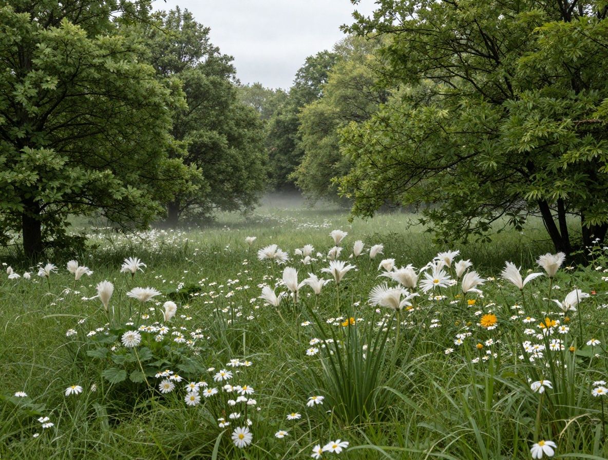 Mirna prirodna scena s jutarnjom maglom iznad zelene livade, difuzno toplo svjetlo, kišne kapi na lišću, duboke zelene boje s mekom bjelinom horizonta
