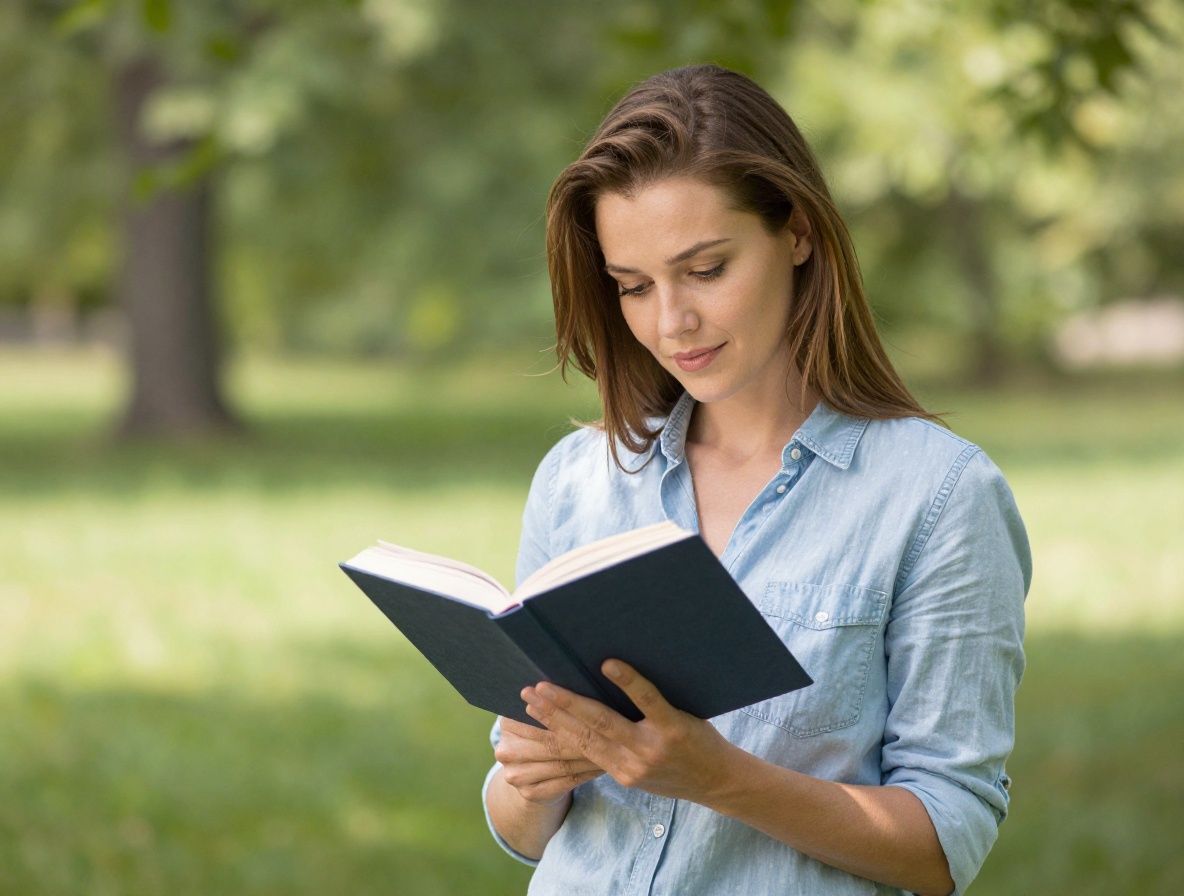 Žena sjedi na kauču uz prozor i čita knjige o prehrani i biologiji, sunčano poslijepodne, topla unutarnja atmosfera, biljke na prozorskoj dasci u pozadini