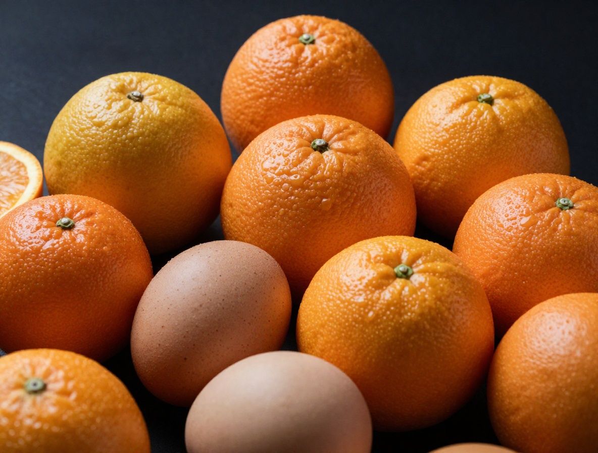 Raznolik asortiman namirnica bogatih vitaminima na tamnoj površini — citrusi, lisno povrće, orašasti plodovi, cjelovite žitarice i jaje, studijski osvjetljeni na crnoj pozadini s toplim refleksima